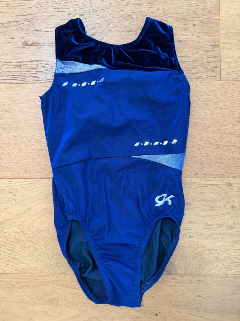 GK elite women’s x-small blue velvet, sparkle, and embellishment leotard EUC